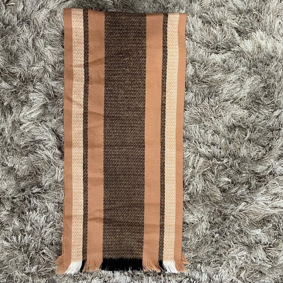 100% Superfine unisex acrylic tan/black and white stripe scarf. Used - Picture 7 of 8